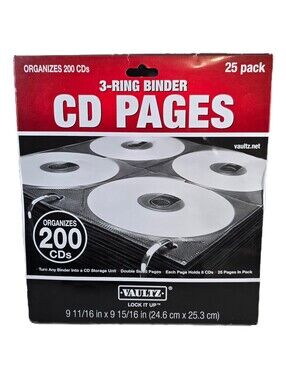 Vaultz 2-Sided CD Refill Pages 3 Ring Binder 25 Pack Organizes 200 CD's NEW